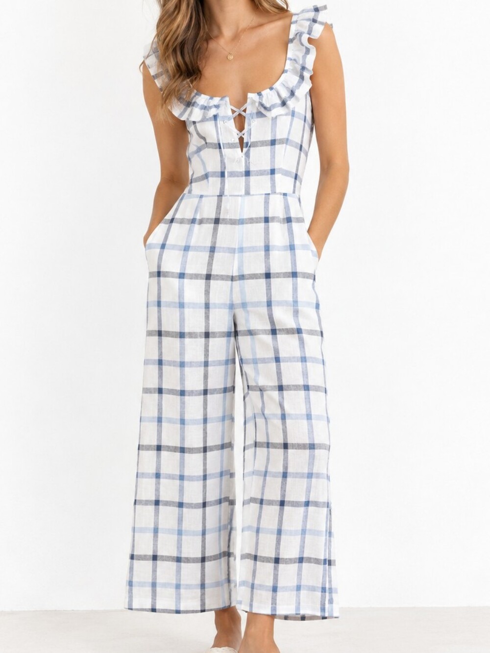 Red Carter Lola Plaid Gingham Linen Cotton Blended Jumpsuit Blue White Sz Small.